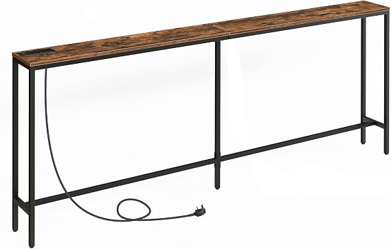 MAHANCRIS Console Table with Power Outlet, 200 cm Narrow Sofa Table, Industrial Entryway with USB Ports, Behind Couch Table for Entryway, Hallway, Foyer, Living Room, Rustic Brown ACTHR20KE01