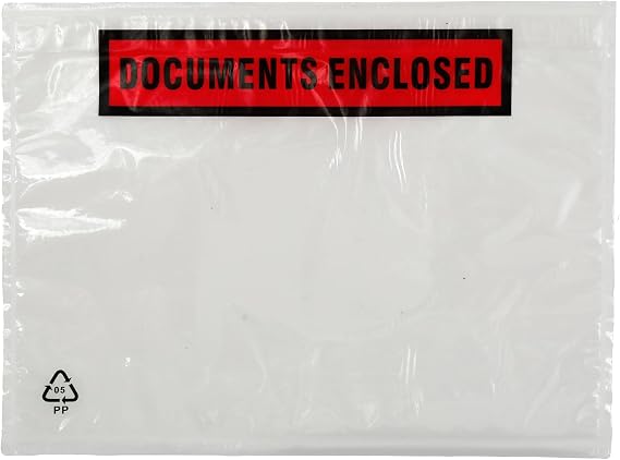 100 x A5 Printed Document Wallets (225 x 165mm), Waterproof A5 Plastic Wallets Printed with Documents Enclosed for Invoices, Labels, Delivery Notes and Packing Lists