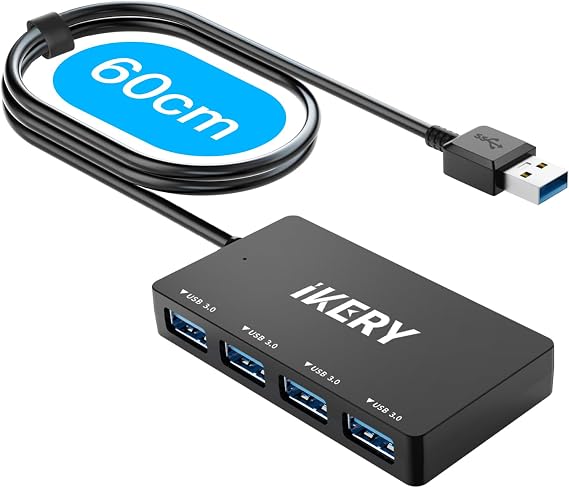 Exclusive USB Hub, 23.6 inches 60 cm, Type A, USB Port, 4-in-1, USB Hub 3.0, High Speed Data Transfer, 5Gbps, Lightweight, Compact, Ultra-Compact, Type-A Connection, USB Extension, Distributor, Compatible with Windows/Mac/ChromeBook/Laptop/PS4/PS5, Home Work/Business Trip, 23.60 inches 60 cm Cable