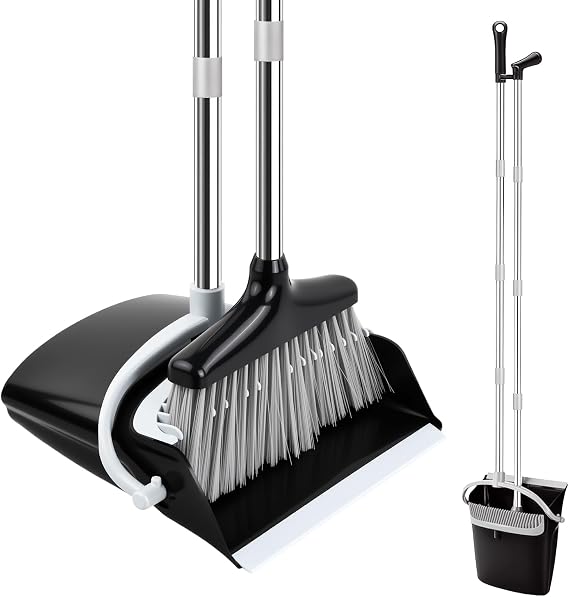 Broom and Dustpan Set with 137 cm Long Handle Removable Broom and Shovel Upright Sweeper and Dustpan Combo for Home Kitchen House Cleaning (Black/White)