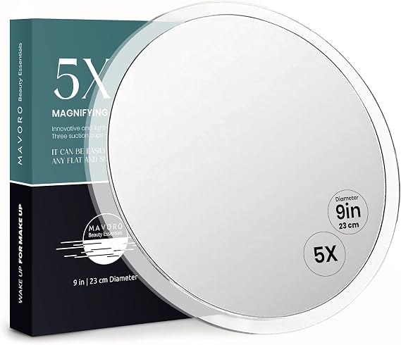 Mavoro 23cm Magnifying Mirror with 3 Strong Suction Cups | 5X Magnification | Portable Travel Makeup & Cosmetic Mirror (5X)