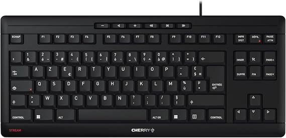 CHERRY STREAM KEYBOARD TKL, Wired Keyboard without Numeric Keypad, French Layout (AZERTY), Quiet Keystrokes, Unique Typing Experience, Black