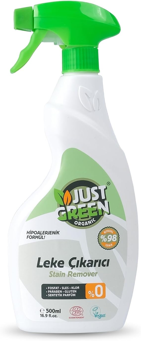 Just Green Organic Bitkisel Çamaşır Leke Çıkarıcı Sprey, Yıkama Öncesi Leke Sökücü Renkliler ve Beyazlar İçin, Ecocert Sertifikalı, 500 ml