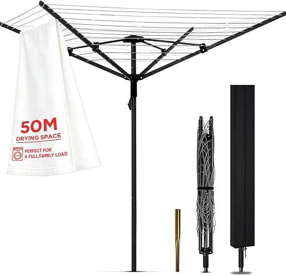 Rotary Washing Line, 4 Arm 50M Folding Clothes Airer Outdoor