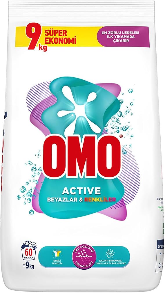 Omo Active Beyazlar ve Renkliler için Toz Çamaşır Deterjanı, 9 kg, 60 Yıkama, 1 Paket (1 x 9000 g)