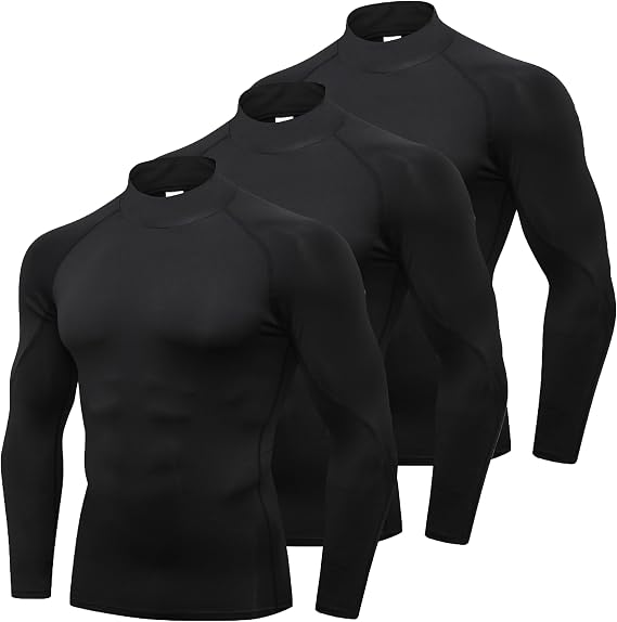 YUSHOW 3 Pack Compression Tops for Men Long Sleeve Mens Running Top Quick Dry Turtleneck Base Layer Top for Gym Sports Fitness Workout Cycling Football Training T-Shirts