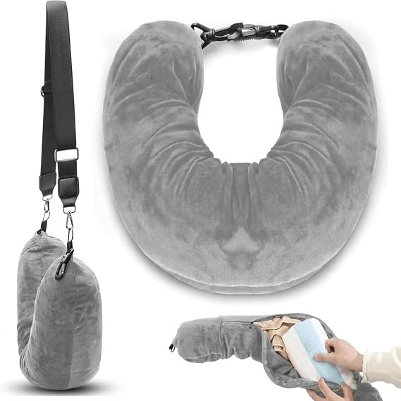 Stuffable Neck Pillow for Travel, 80 * 18.5cm Adjustable Travel Neck Pillows, Ultra-Soft Washable Pillow with Storage Bag, Fillable with Clothes for Plane, Train & Car Essentials (Grey)