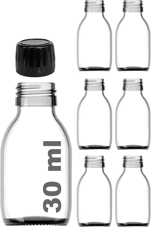30 ml Sızdırmaz Kapaklı Şeffaf Shot Şişesi 30 Cc Ginger Şat Beyaz Cam Şişe 6 Adet (Kilitli Plastik Siyah Kapak)