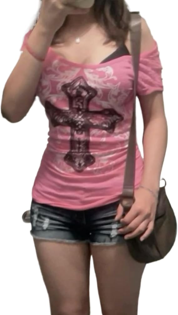 グランジシャツ エモ 服 ティーン ガールズ ヴィンテージ グラフィック Tシャツ Y2k 2000年代 ゴス トップ 女性 Mcbling 半袖 ストリートウェア