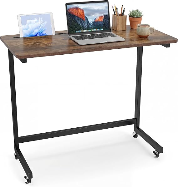 COSTWAY Mobile Sofa Side Table, Industrial Overbed Table with Wheels & Phone/Tablet Slot, C-Shaped Snack End Sofa Tray Tables Laptop Desk for Living Room Bedroom (Rustic Brown, 80 x 40 x 75cm)