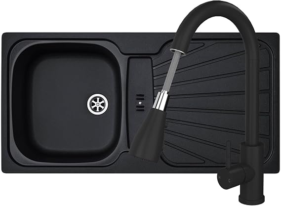 Liquida CMP5BL 1.0 Bowl Black Kitchen Sink with KPO11MB Black Pull Out Tap