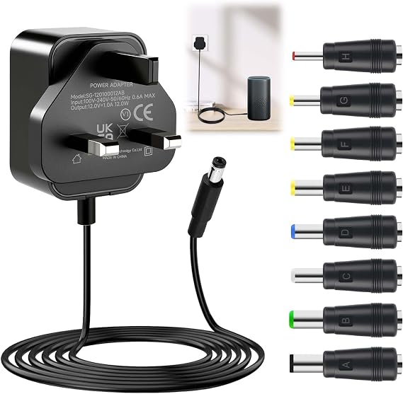 12V 1A DC Power Supply Adapter, 12W Universal AC/DC to DC Charger 12V with 8 Tips (5.5x2.1mm), 1.5M Power Cable for Ring Doorbell UK, CCTV Camera, BT Speaker, Router and Home Electronics