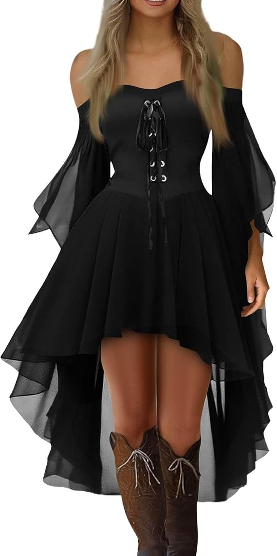 Women Halloween Dress Cold Shoulder Butterfly Sleeve Steampunk Gothic Dress