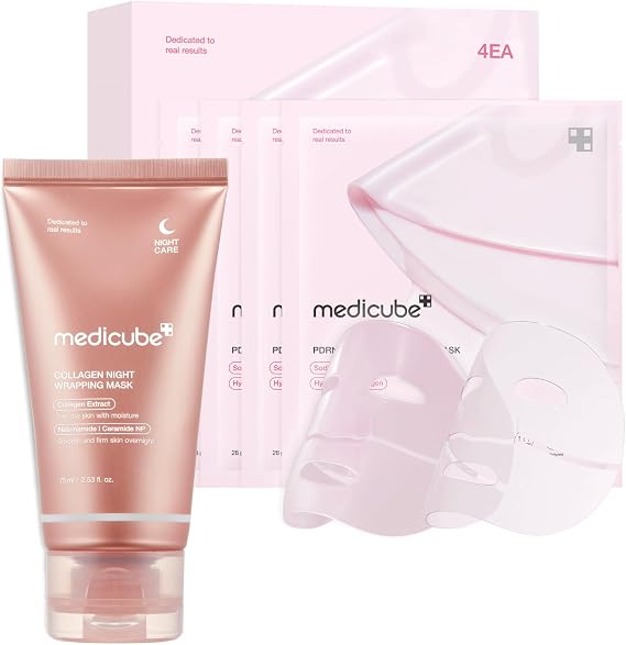 medicube All Day Glass Glow Skin Duo: Collagen Overnight Wrapping Mask and Salmon DNA PDRN pink collagen jelly gel mask (4ea)