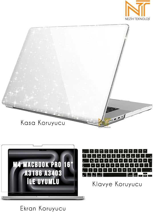 Apple M4 Pro/Max MacBook Pro 16 Inch A3186 A3403 ile Uyumlu Simli Şeffaf Kılıf, Siyah Klavye Kılıfı, Ekran Filmi Seti