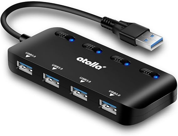 atolla 4 Port USB 3.0 Hub USB Hub Active Distributor Data Hub 5Gbps with Individual Power Switch and LEDs