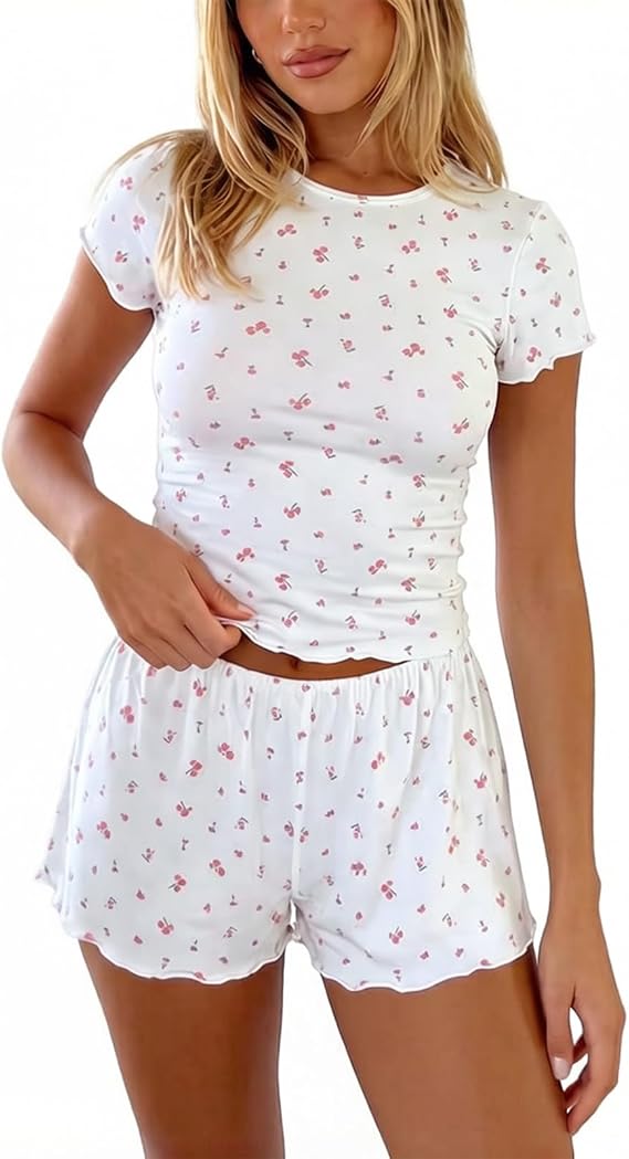 Womens Pyjamas Set 2 Piece Short Sleeve Pjs Shorts Set Summer Sleepwear Loungewear Lightweight Soft Casual Cute Lounge Set for Women