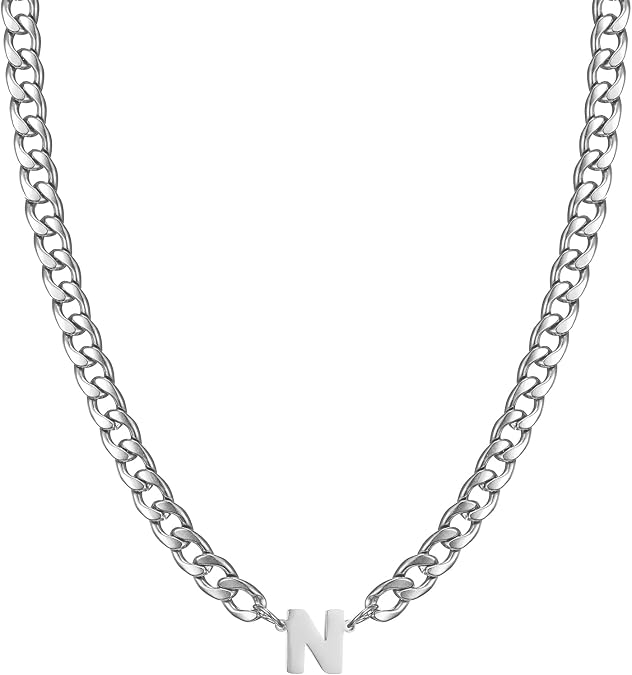RWQIAN Letter Chain Men's Cuban Chain with Letters Pendant Rabbit Chain Silver Initials Letter A-Z Pendant Jewellery Gifts for Men