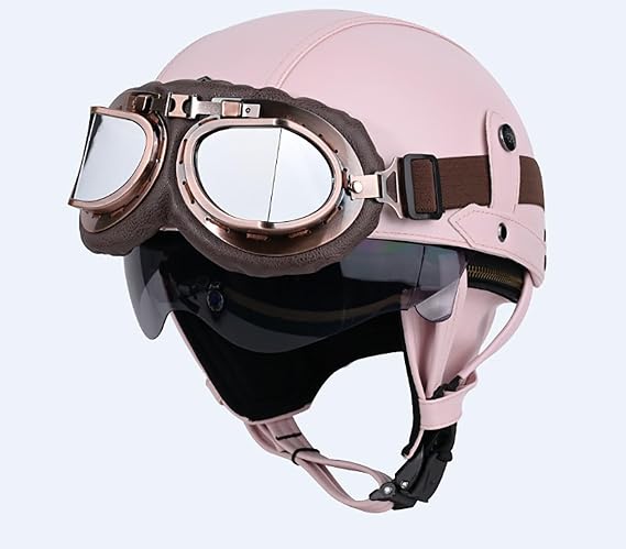 Motorcycle German Leather Half Face Helmet ECE Approved Retro Motorcycle Crash Helmet,Leather Open Face Half Helmet with Goggles,Open Face Helmet Vintage Style C,L=58-59CM