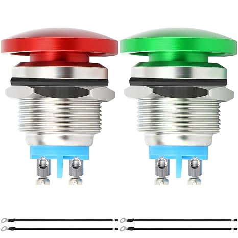 2Pcs 22mm Mushroom Head Push Button Switch Momentary Push Button IP65 Waterproof DC 12V 3A AC 110V 5A SPST with Domed Screw and Terminal Wires for Car Boat Truck Dryer 2Color(Red/Green)