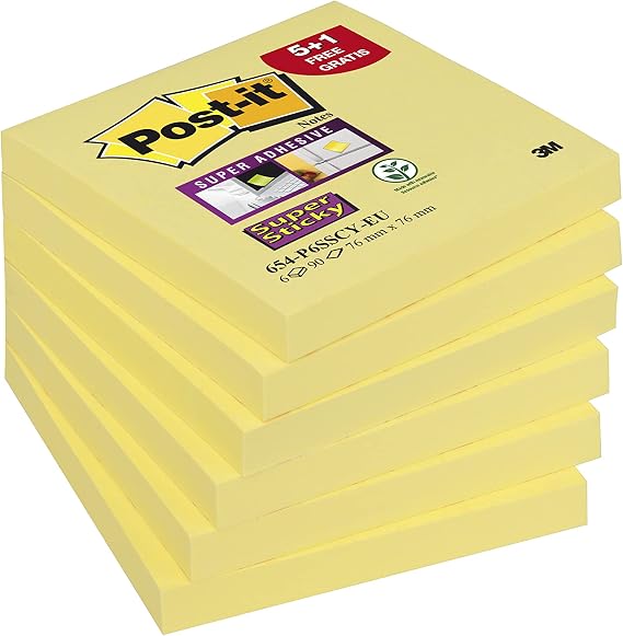 Post-it Super Sticky Notes, Canary Yellow, 5 Plus 1 Free, 6 Pads, Standard, 76 mm x 76 mm