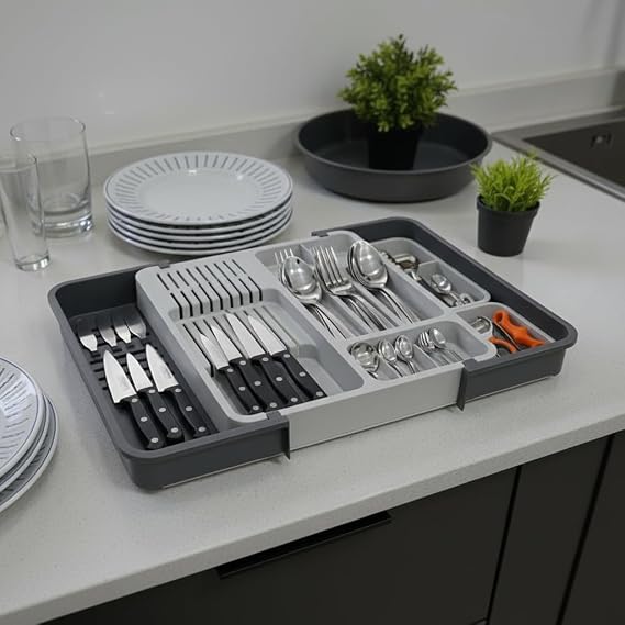 Deconox Çekmece İçi Sürgülü Çatal Kaşık ve Bıçaklık Organizeri - Genişleyebilir Modüler Mutfak Düzenleyici (Açık 55 cm, Kapalı 34 cm) - Açık Gri ve Antrasit Renk
