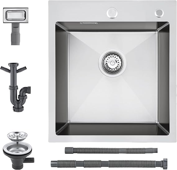 Topmount Stainless Steel Kitchen Sink 45 X 50 cm, Small Kitchen Sink PVD Coating NanoTek, Single Bowl Drop in with Waste and Overflow, Nano Black