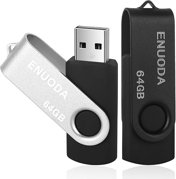 ENUODA Memory Stick 64GB 2 Pack USB 2.0 Flash Drive Swivel Design Fold Storage Thumb Drive (Silver Black)