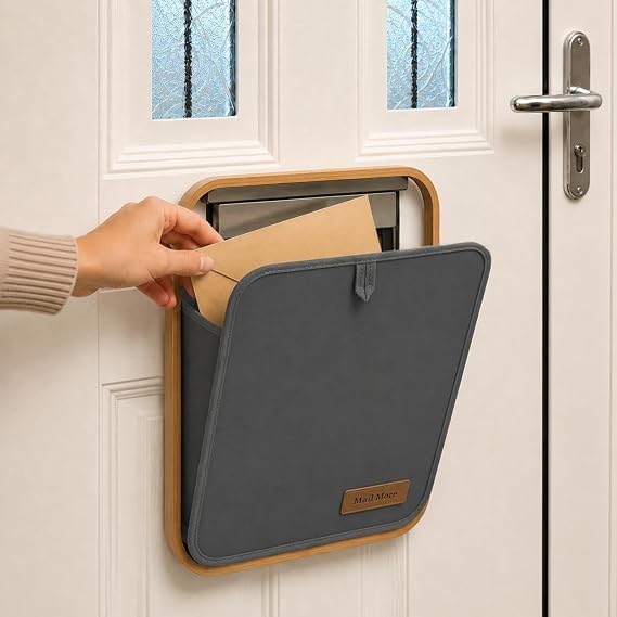 Letter Catcher for Front Door, Bamboo Mail Holder for Letterbox, No Drill Hook Over or Double-Sided Tape Installation, Indoor Mail Organiser for uPVC, Wooden & Composite Doors - Grey