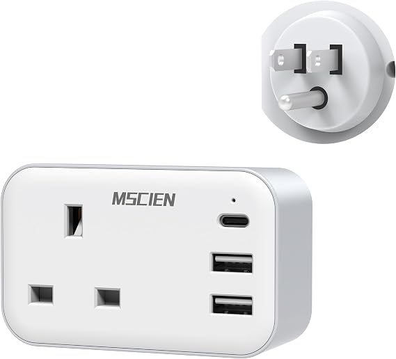 Mscien UK to US Plug Adaptor with 3 USB Ports, 4-IN-1 Plug Adapter, USB-C