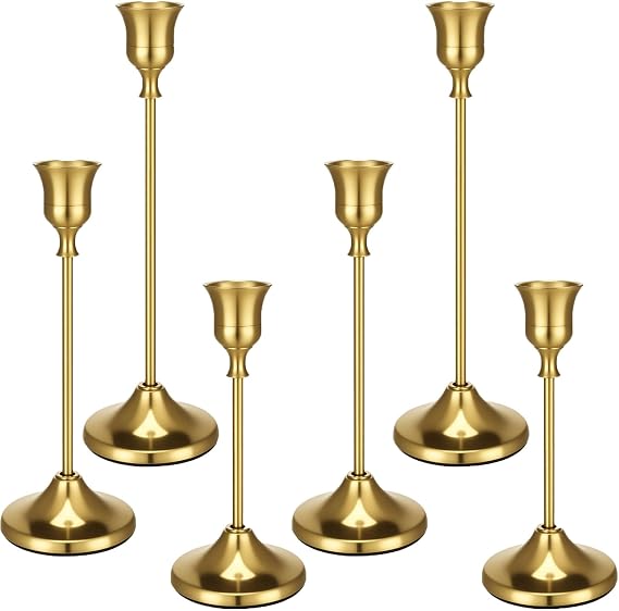 6 Pcs Candle Holders Candlestick, Metal Candle Stand Holder Set of 3 Sizes, Vintage Brass Gold Pillar Candle Holders for Wedding Thanksgiving Christmas, Home Living Room Mantel Decor