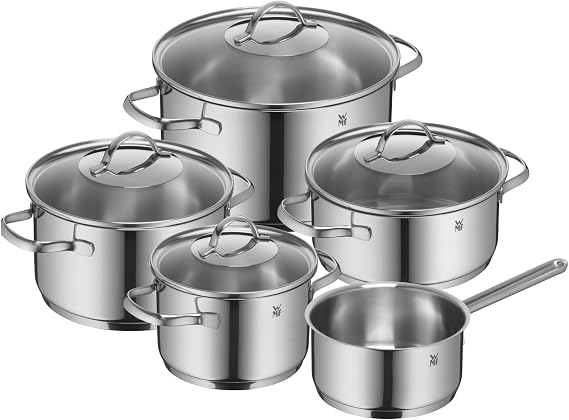WMF Provence Plus 9-Piece Cookware Set, Stainless Steel Suitable for Induction, 1 Low Saucepan 20 cm, 3 Saucepans 16 cm, 20 cm and 24 cm, 1 Saucepan 16 cm with 4 Glass Lids