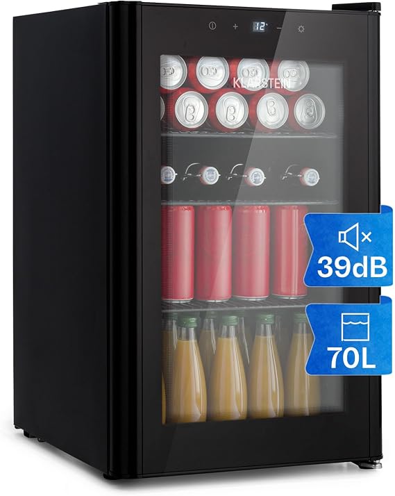 KLARSTEIN mini fridge with glass door & LED, mini fridge for rooms, small drinks with removable 3 shelves, small 70L, indoor/outdoor quiet, 0-22 °C [Energy Class E]