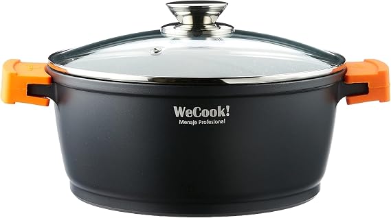 WECOOK Ecochef Titanium Casserole High Induction Glass Lid 16 cm, 5 Layers Non-Stick Quantanium without PFOA, Cast Aluminium 5 mm, 8.5 cm High, Handles Silicone, Ceramic, Gas, Oven