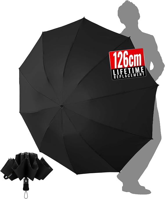Umbrella Windproof Strong Travel Compact Automatic Large Black Folding Umbrellas for Wind and Rain Resistant 10 Ribs For Mens