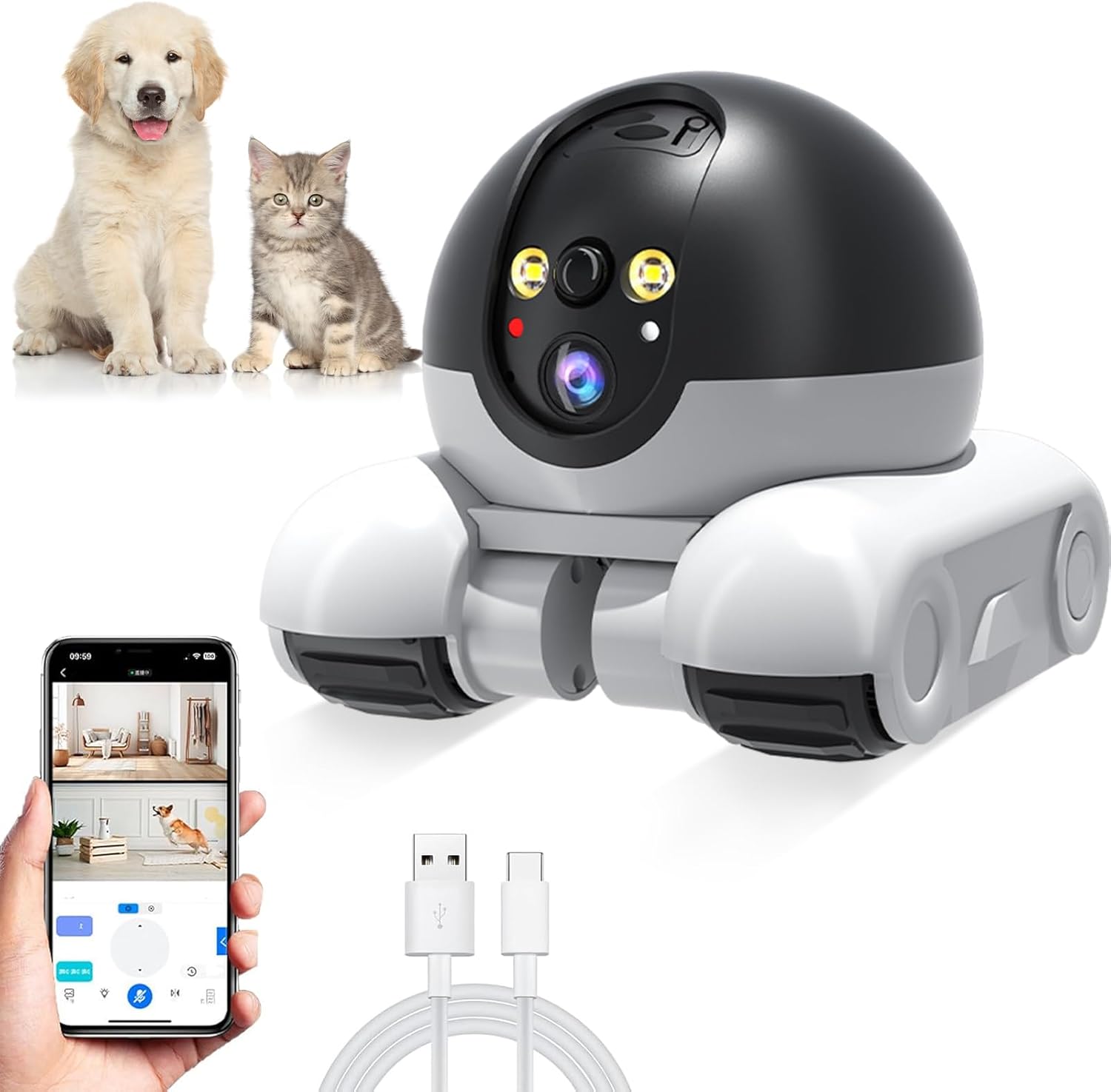 Camera Robot, 1080P Double Lens Movable Pet Camera, WIFI Indoor Security, Motion Tracking, 2-Way Talk, Remote App Control, for Cats Dogs Family