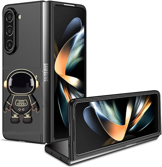 Samsung Galaxy Z Fold 5 ケース かわいい 隠れた宇宙飛行士スタンド Galaxy Fold 5 ケース つや消し PC バック ソフトシリコンバンパー、フォールド5 スマホケース 折りたたみブラケット 耐衝撃カバー Samsung Z Fold 5用 ブラック