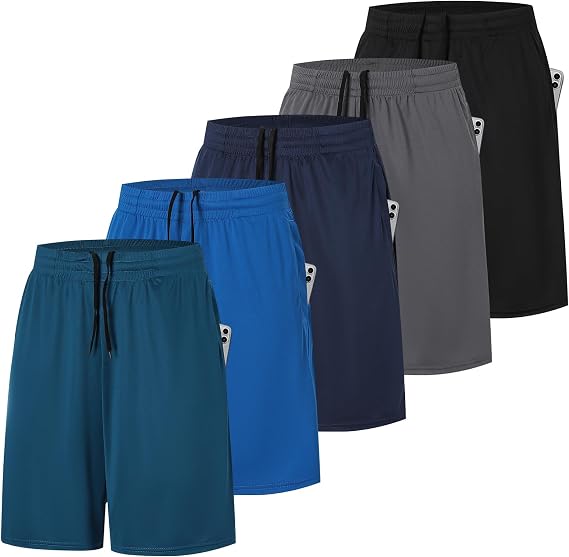 ZENGVEE Pack of 5 Men's Shorts with Pocket, Breathable Quick Dry Running Sports Clothing Men, Gym, Fitness, Tennis