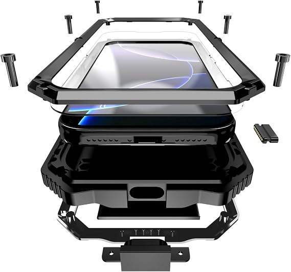 高耐久メタル電話ケース iPhone 18 Pro Max用 アルミアーマー フルボディ タフで頑丈なミリタリーグレードカバー カメラコントロールスタンド付きスクリーンプロテクター 防塵 耐衝撃 アウトドア ブラック
