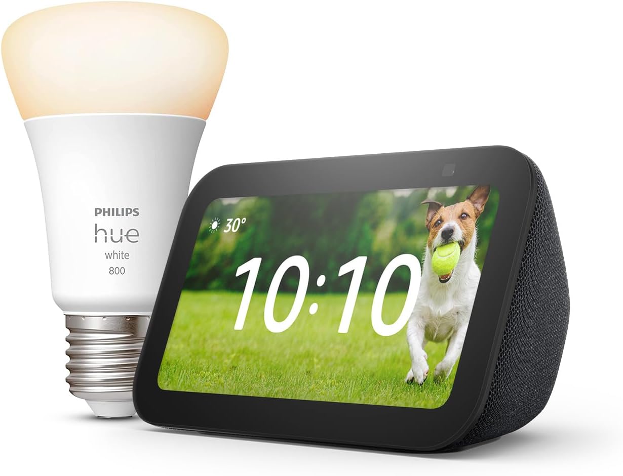 Echo Show 5 (3rd generation) | Charcoal + Philips Hue White Smart Light Bulb LED (E27), Works with Alexa - Smart Home Starter Kit