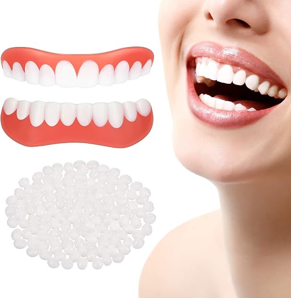 2 Pcs of Snap-On Dentures Comfortable Fake Teeth Covers Upper And Lower Jaw, Confident Smile Veneers for Men Women with Bad Teeth, Temporary Tooth for Interviews Dates Parties