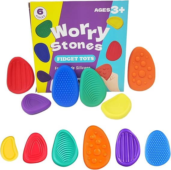 Sensory Toys, QIANSSE 6pcs Textured Stone Fidget Toys for Kids & Adults Anxiety Relief Worry Stones Silent Office Finger Toys for Autism, Teens, School