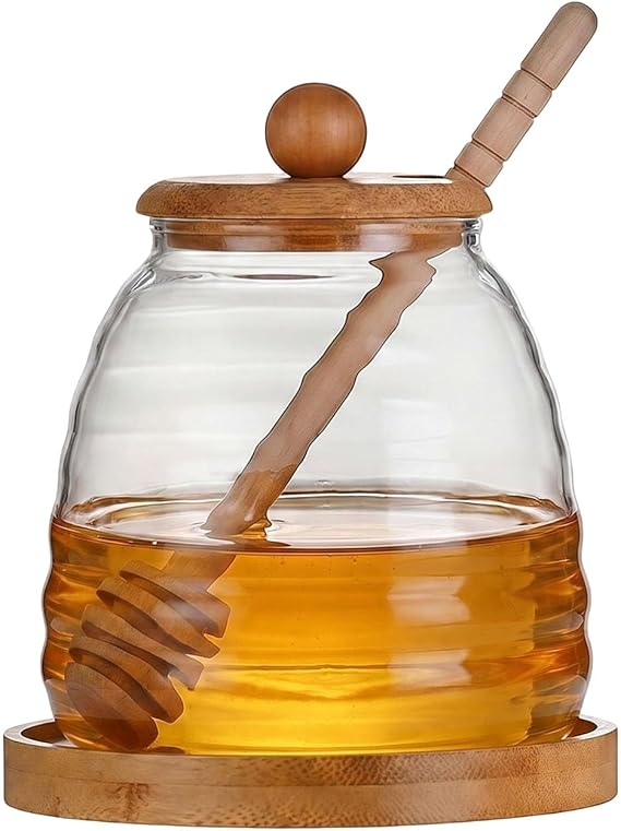 QUUPY 16.7Oz Glass Honey Jar with Dipper and Bamboo Lid Wide Mouth Syrup Containers Dispensers for Coffee Bar Home Kitchen Organization