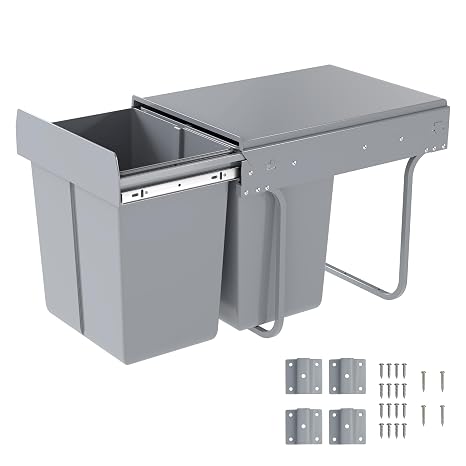Pull Out Kitchen Waste Bin Under Cabinet 20L + 20L Recycling Kitchen Cabinet Trash Can with Lid and Handle Waste Containers with Double Sliding Trash Can Rubbish Garbage Sorting Gray