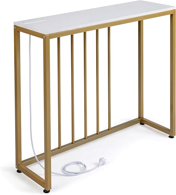 CASART Console Table with Charging Station, 100cm Slim Behind Couch Sofa Table with Metal Frame, Narrow Entryway Tables Hall Desk for Living Room Hallway Small Spaces (White + Gold)