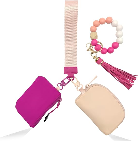 Dual Pouch Wristlet Wallets for Women,Mini Zip Around Wristlet keychain Wallet With 2 Detachable Keychains Wallet,Portable Coin Purse Portable Upgrated, Rose res & Pink, Cute