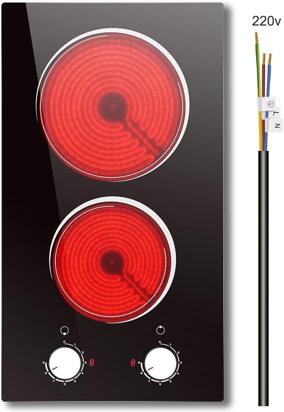 2 Ring Ceramic Hob Built-in, 30cm Electric Hob with Knob Control, 3000W