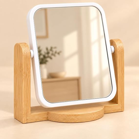 Deconox Bambu Ahşap Ayaklı Kare Masa Aynası, 16 x 14 Cm Kompakt Makyaj ve Bakım Aynası, Ayarlanabilir Açılı Beyaz Çerçeveli Dekoratif Tezgâh Aynası