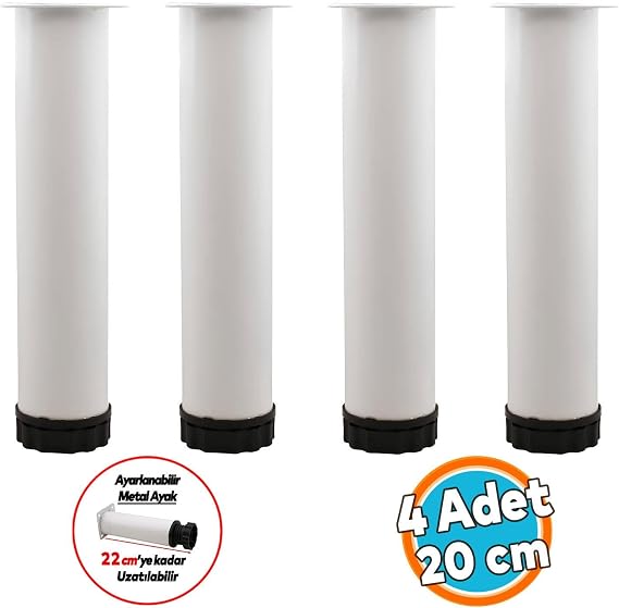 Mobilya Kanepe Baza Koltuk Metal Dolap Yükseltici Destek Ayağı Ayarlanabilir Beyaz Ayak 20 cm 4 Adet