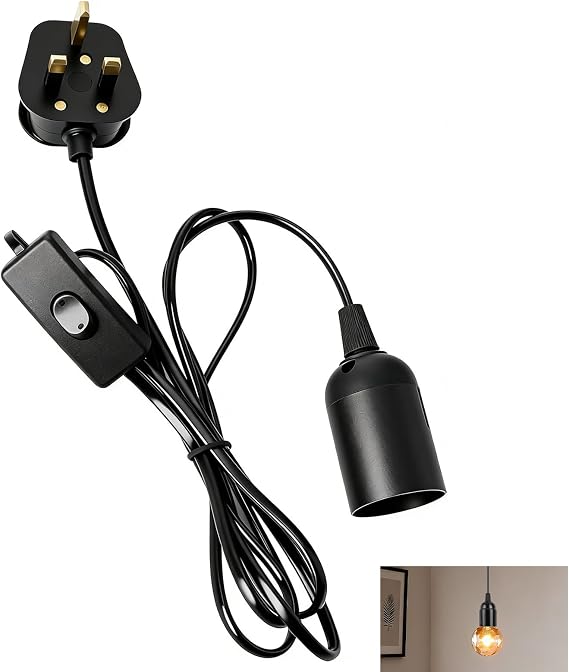 E27 Pendant Light, Ceiling Fitting with Switch, 1.8m Textile Cable, UK Plug, Adjustable Length, Compatible with E27 Bulbs, Ideal for DIY, Living Room, Bedroom, Kitchen & Home Decor Lighting (Black) [Energy Class A++]